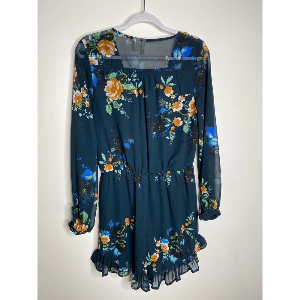 Japna Navy Floral Summer Sheer Ruffle Romper Size L Large V Neck Blue Green - Picture 5 of 10